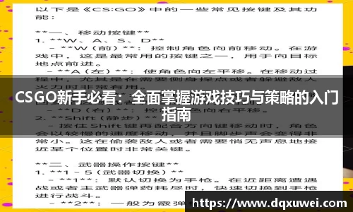 CSGO新手必看：全面掌握游戏技巧与策略的入门指南